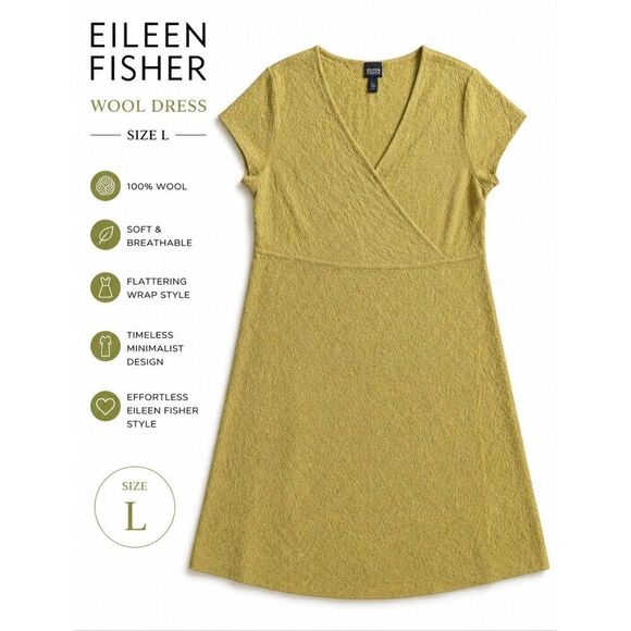 Eileen Fisher Dresses & Skirts - Eileen Fisher Textured Wool Blend Wrap Dress Olive Green Size L